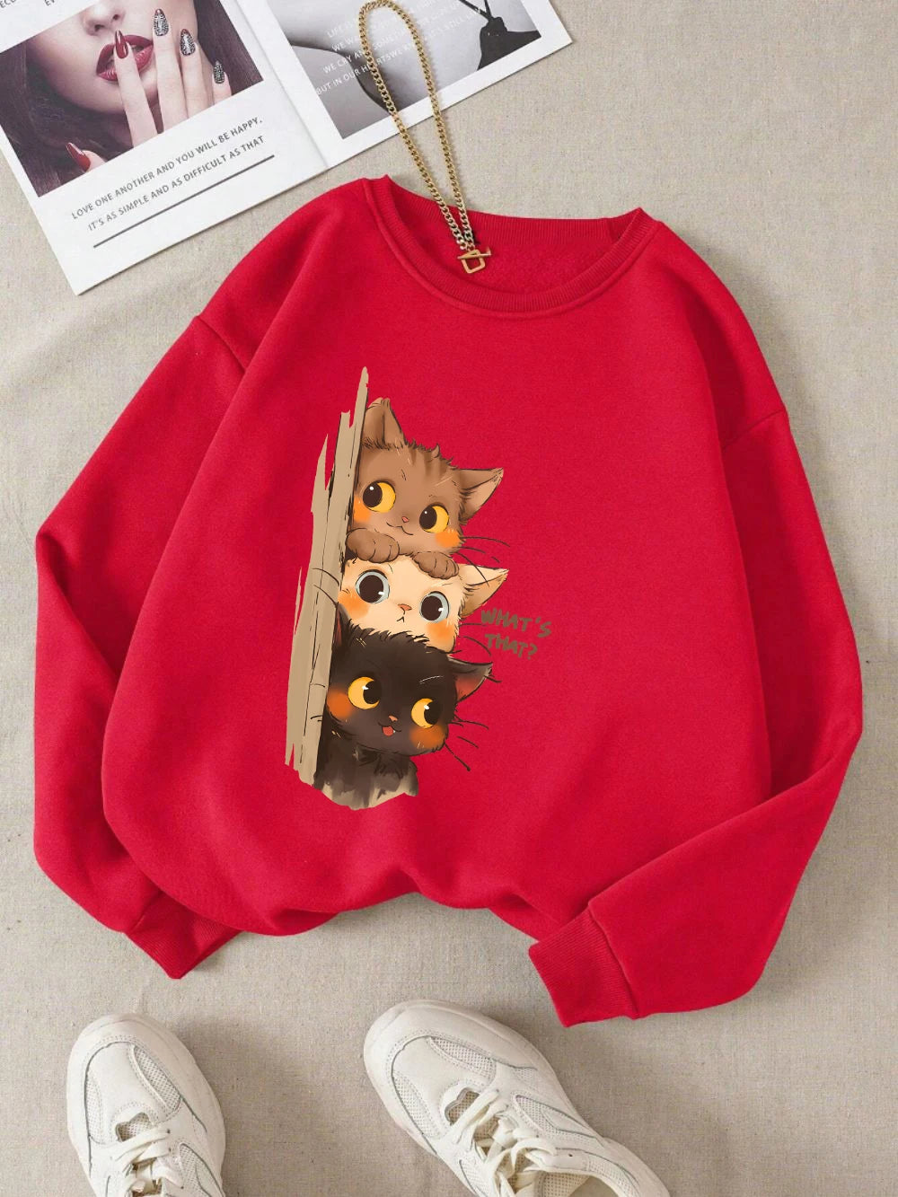 Three Little Cats Watching You Hoodie – Women’s Loose Sweatshirt