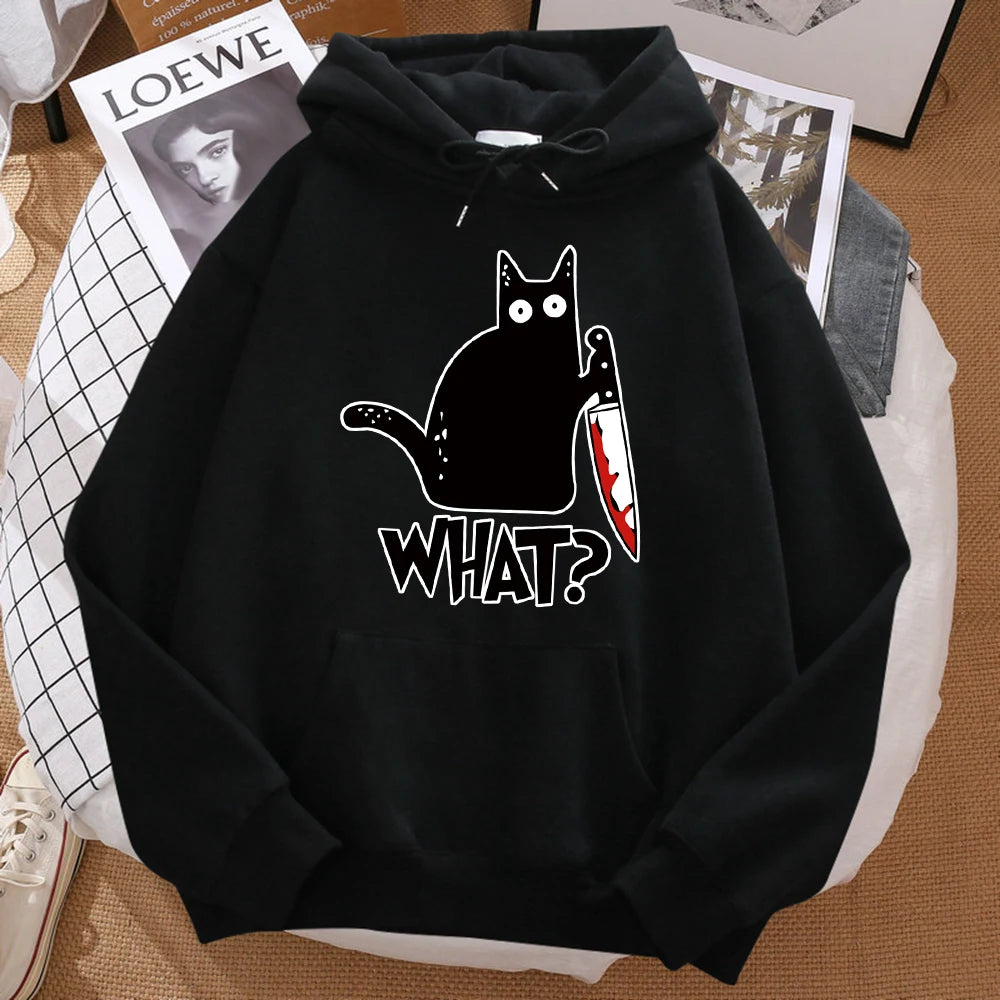 "Cute Black Cat Knife Hoodie – Streetwear Fleece Sweatshirt"