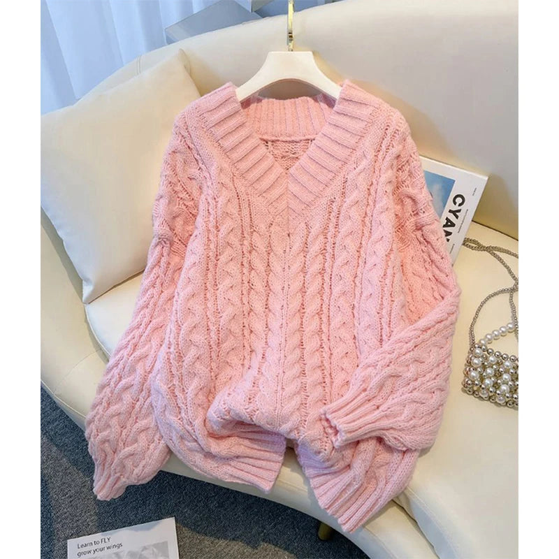 MEXZT Pink V-Neck Sweater – Women’s Oversized Knit
