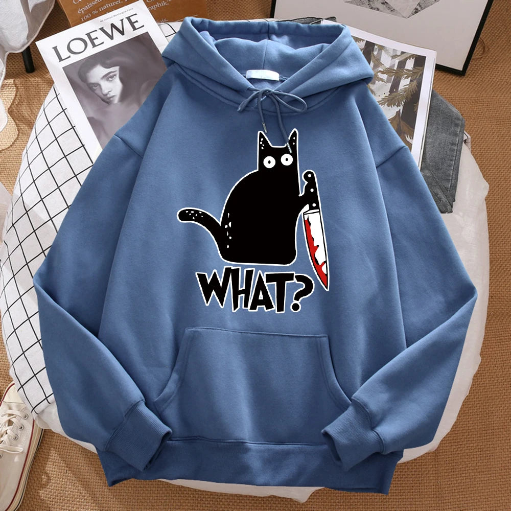 "Cute Black Cat Knife Hoodie – Streetwear Fleece Sweatshirt"