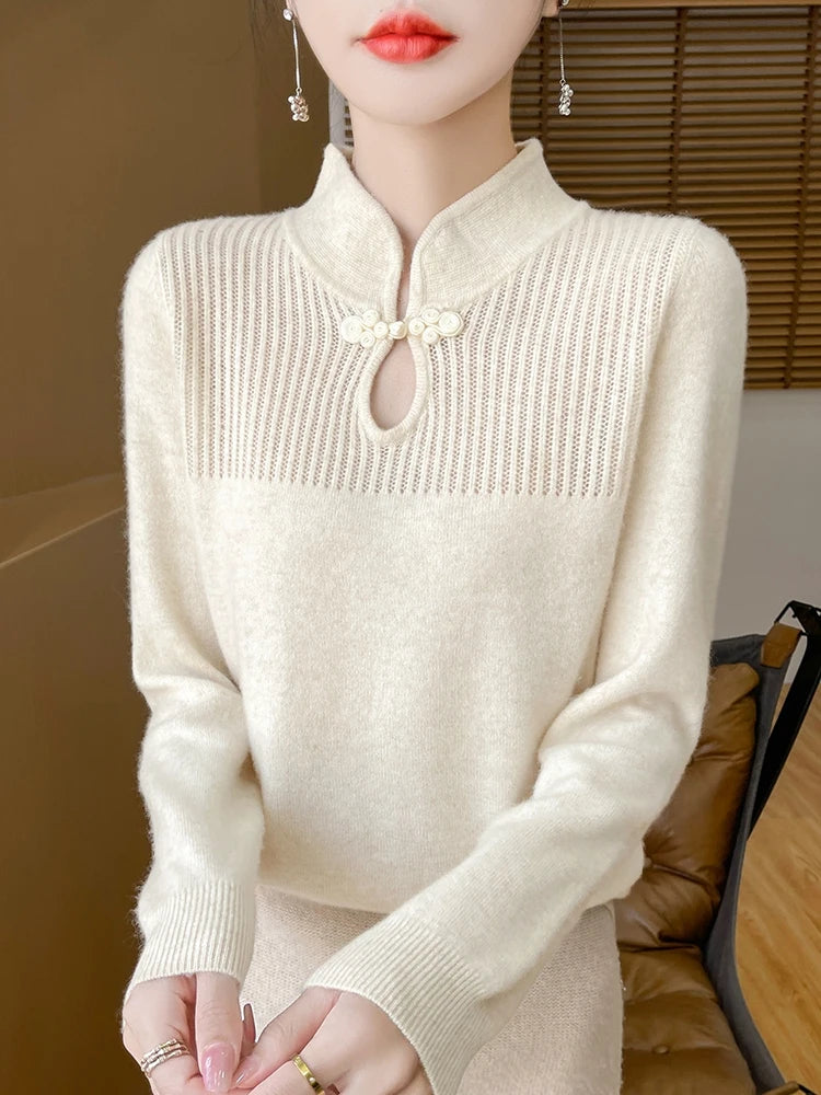 Women’s Merino Wool Sweater – Mandarin Collar Pullover