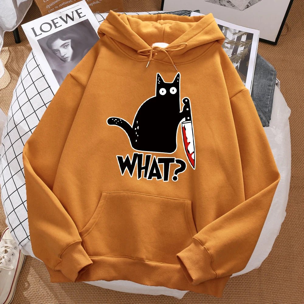 "Cute Black Cat Knife Hoodie – Streetwear Fleece Sweatshirt"