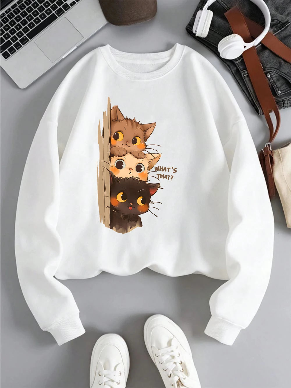 Three Little Cats Watching You Hoodie – Women’s Loose Sweatshirt