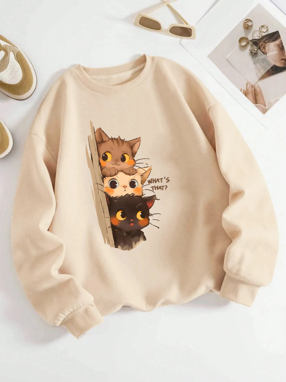 Three Little Cats Watching You Hoodie – Women’s Loose Sweatshirt