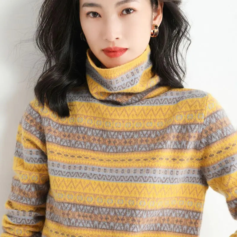 “Women’s Wool Ethnic High-Neck Sweater”