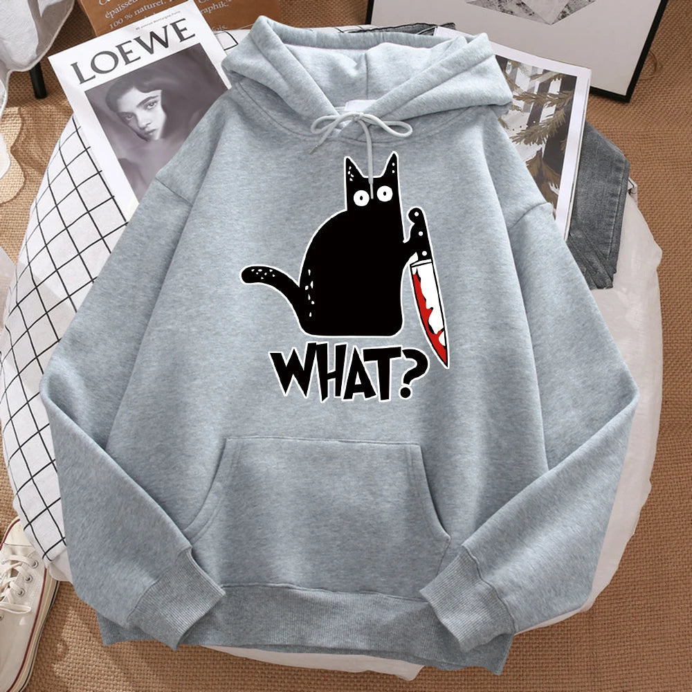 "Cute Black Cat Knife Hoodie – Streetwear Fleece Sweatshirt"