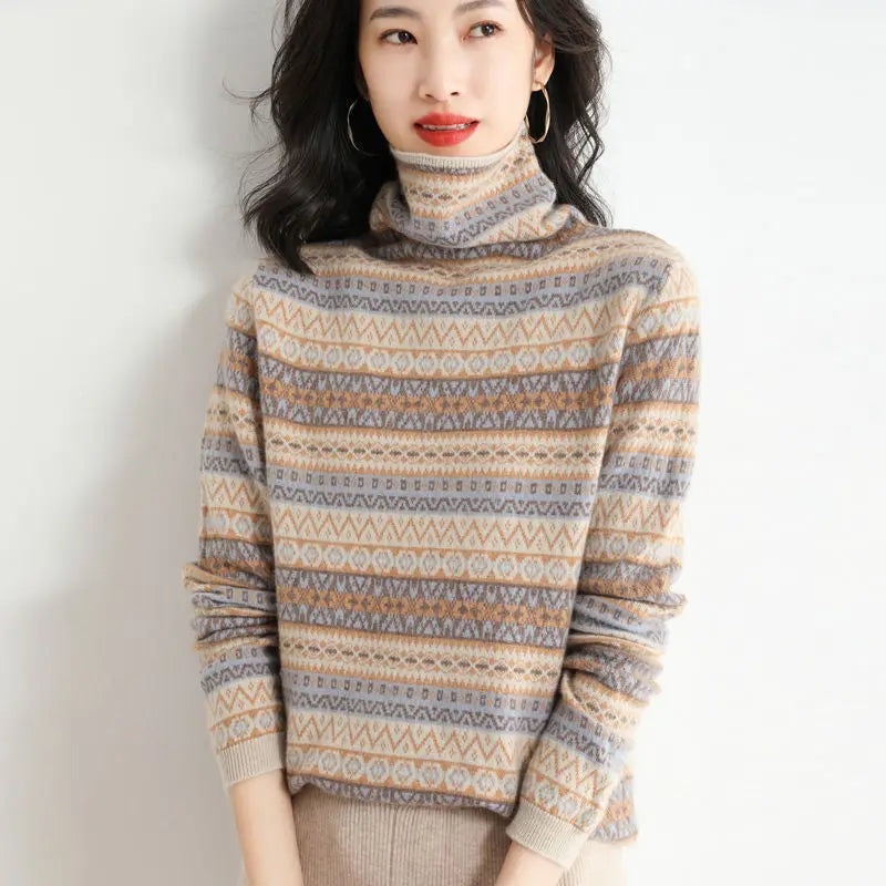 “Women’s Wool Ethnic High-Neck Sweater”