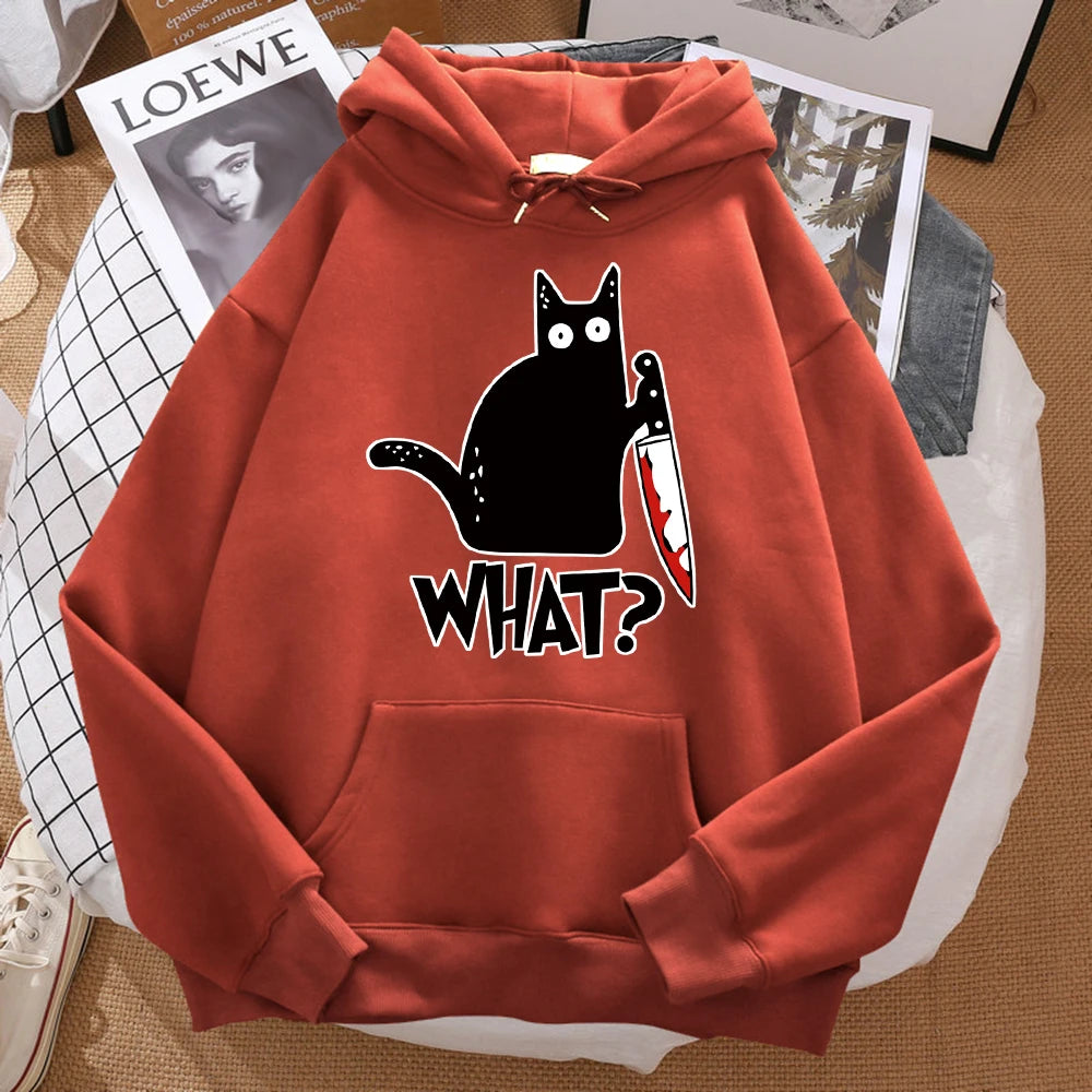 "Cute Black Cat Knife Hoodie – Streetwear Fleece Sweatshirt"