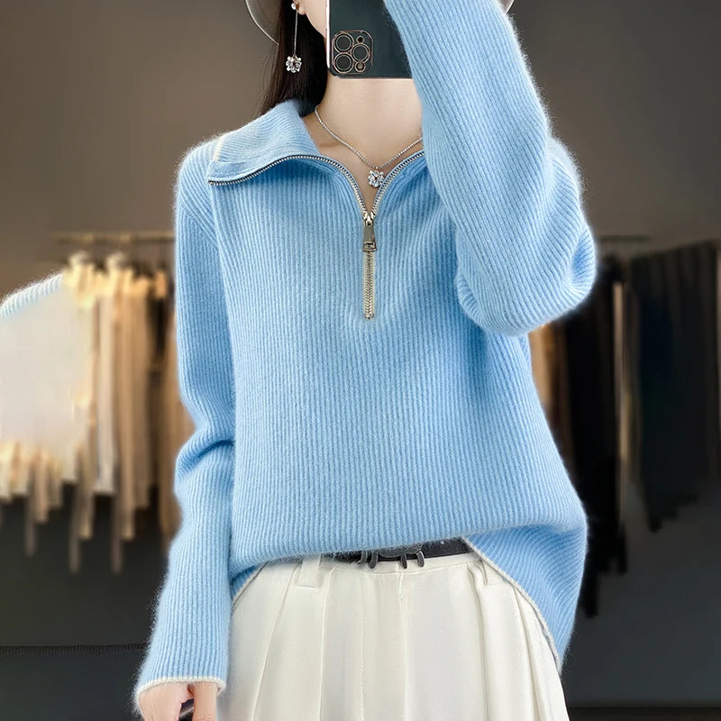 “CAIXINGLE Women’s Wool Zipper Sweater”