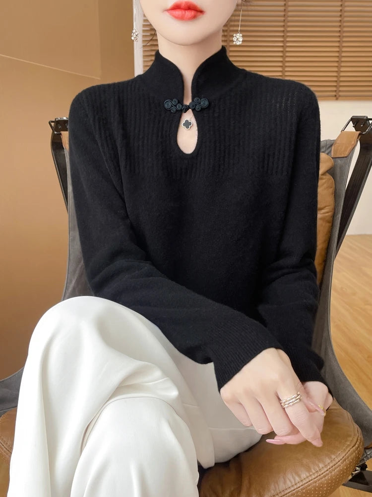 Women’s Merino Wool Sweater – Mandarin Collar Pullover