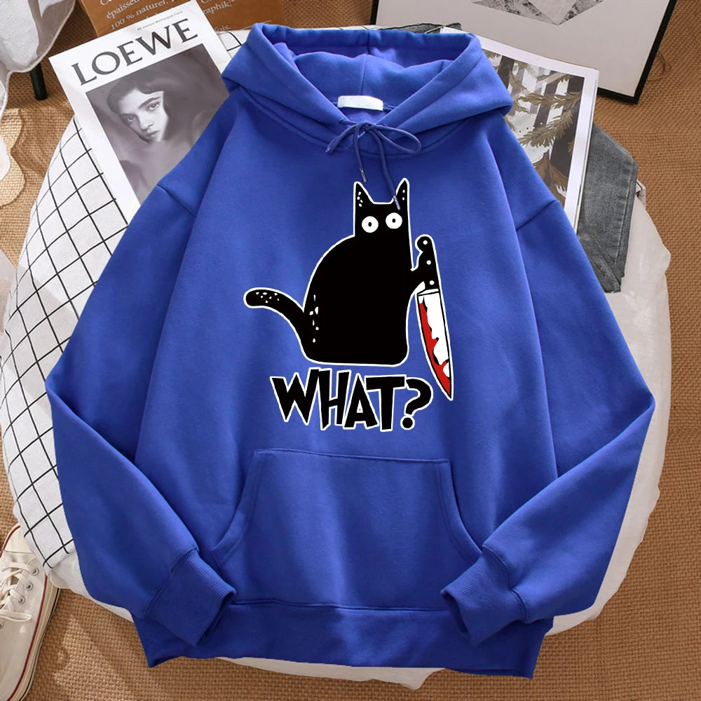 "Cute Black Cat Knife Hoodie – Streetwear Fleece Sweatshirt"