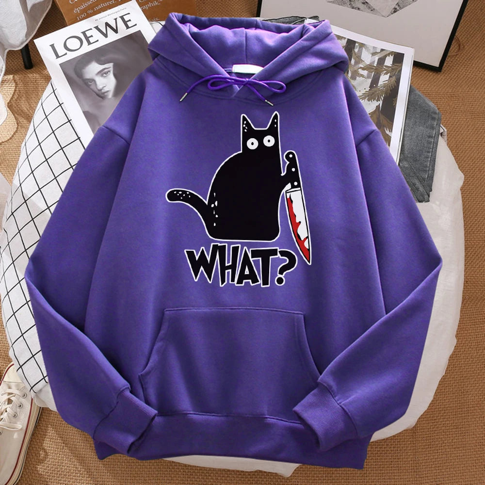 "Cute Black Cat Knife Hoodie – Streetwear Fleece Sweatshirt"