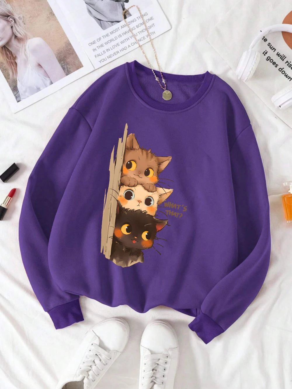 Three Little Cats Watching You Hoodie – Women’s Loose Sweatshirt