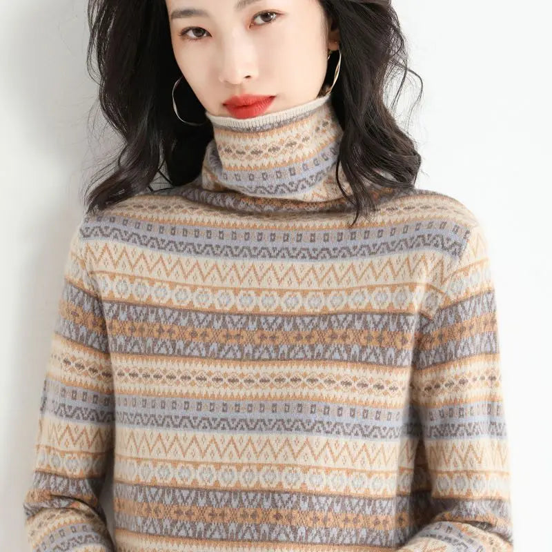 “Women’s Wool Ethnic High-Neck Sweater”