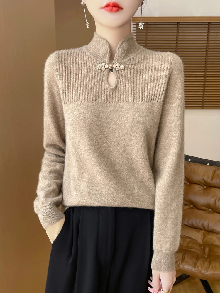 Women’s Merino Wool Sweater – Mandarin Collar Pullover