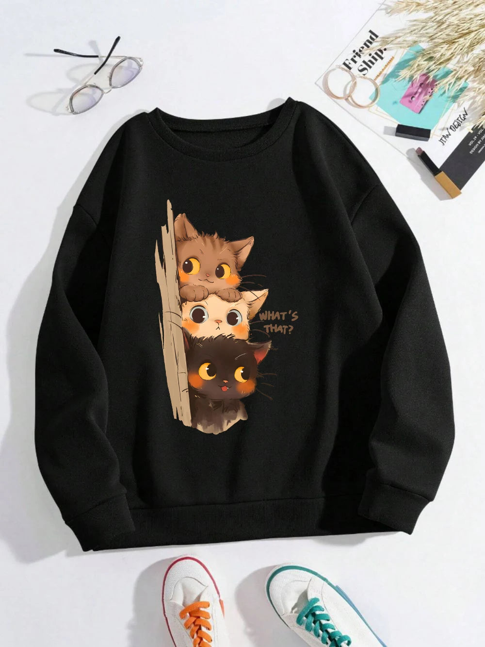 Three Little Cats Watching You Hoodie – Women’s Loose Sweatshirt