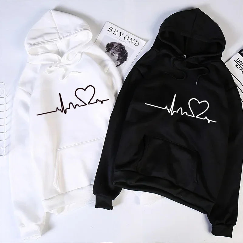 Heartbeat Print Hoodie – Casual Unisex Pullover