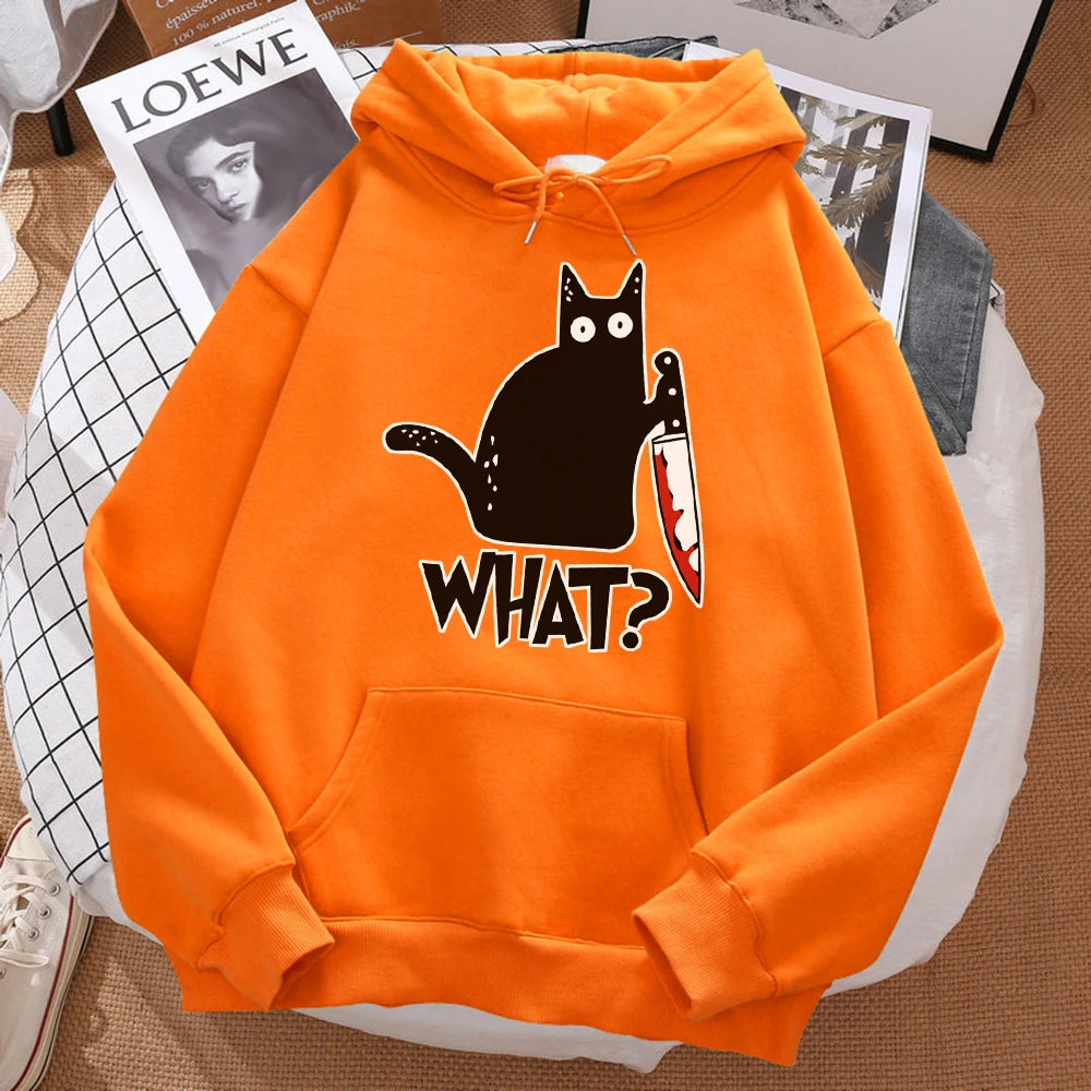 "Cute Black Cat Knife Hoodie – Streetwear Fleece Sweatshirt"