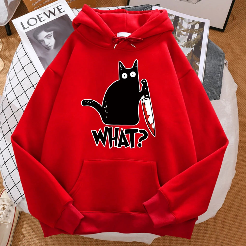 "Cute Black Cat Knife Hoodie – Streetwear Fleece Sweatshirt"