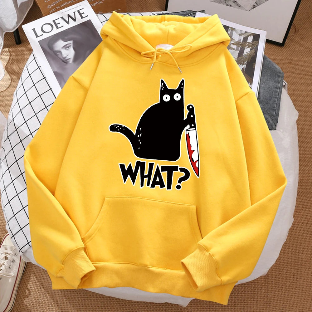 "Cute Black Cat Knife Hoodie – Streetwear Fleece Sweatshirt"