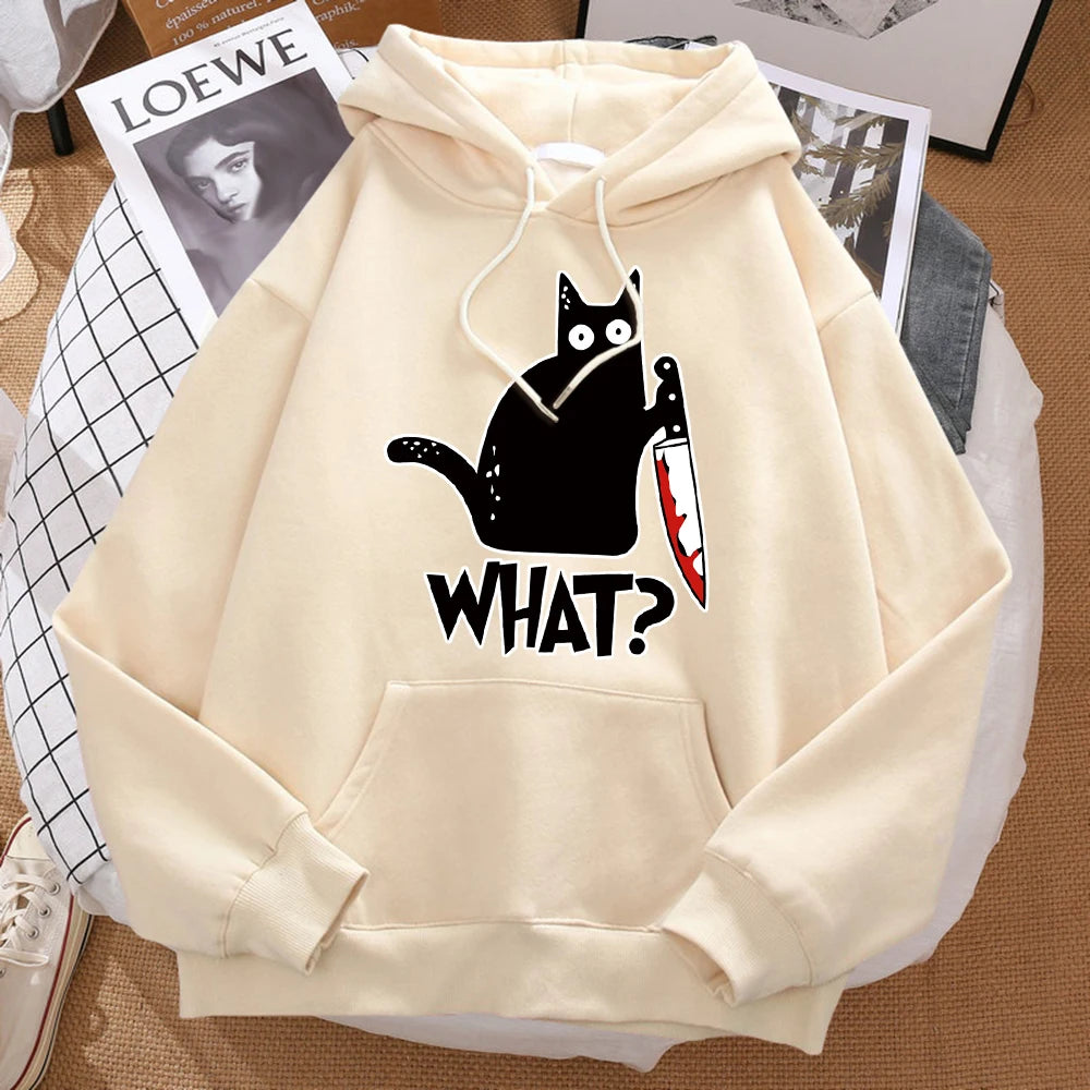 "Cute Black Cat Knife Hoodie – Streetwear Fleece Sweatshirt"