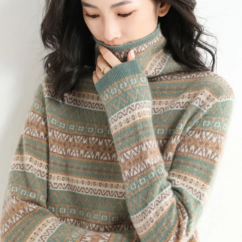 “Women’s Wool Ethnic High-Neck Sweater”