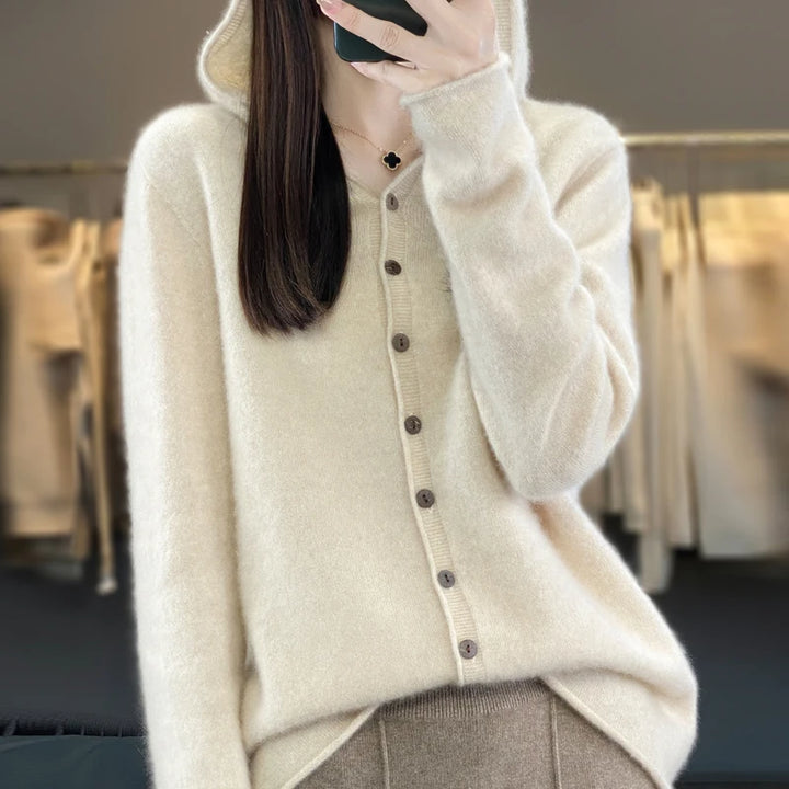 100% Merino Wool Cardigan – Women’s Loose Autumn/Winter Sweater