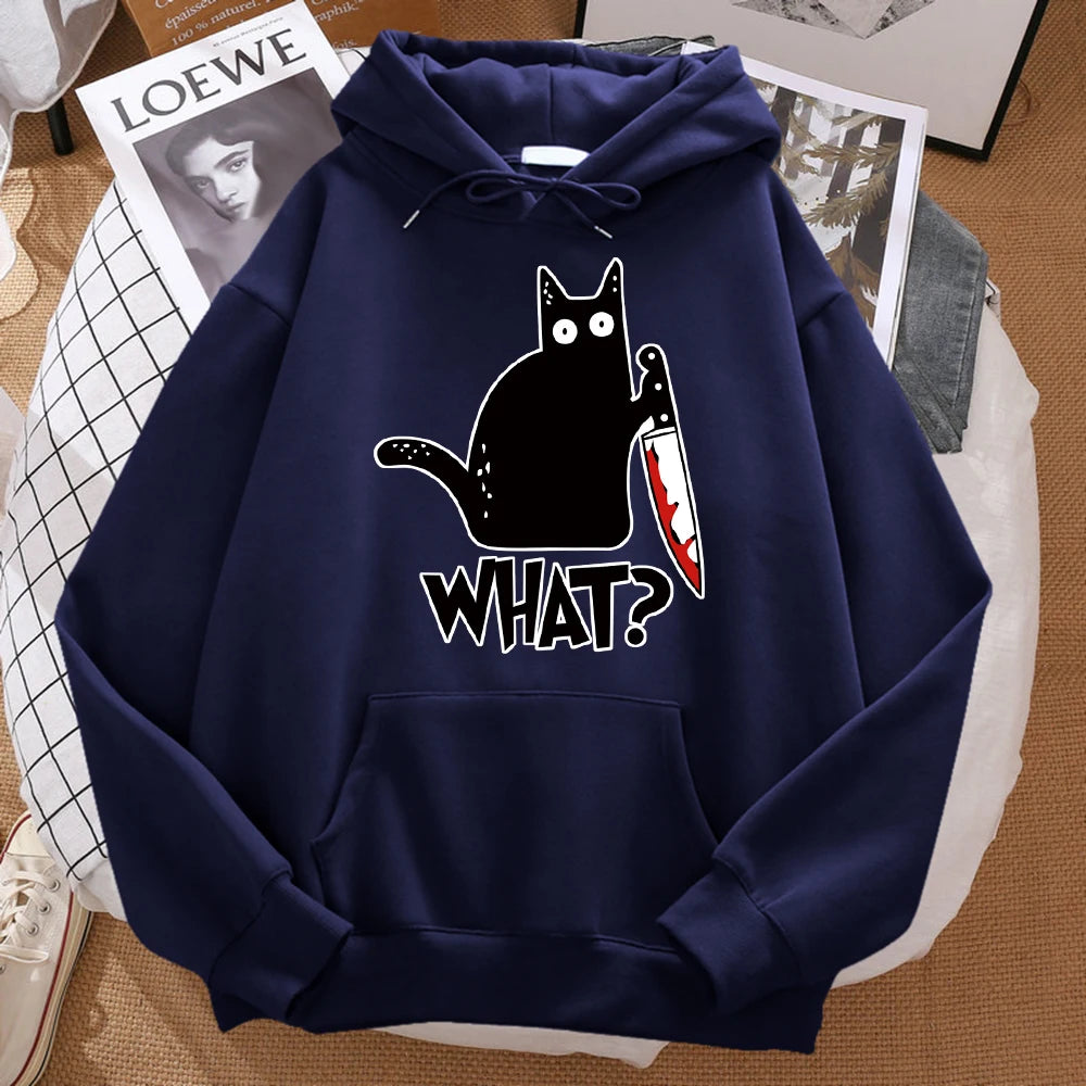 "Cute Black Cat Knife Hoodie – Streetwear Fleece Sweatshirt"