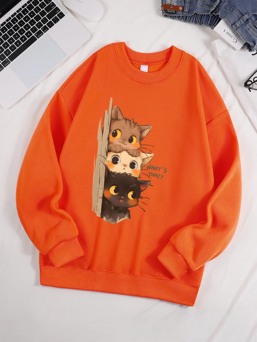 Three Little Cats Watching You Hoodie – Women’s Loose Sweatshirt