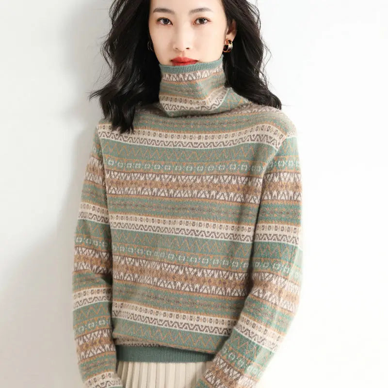 “Women’s Wool Ethnic High-Neck Sweater”