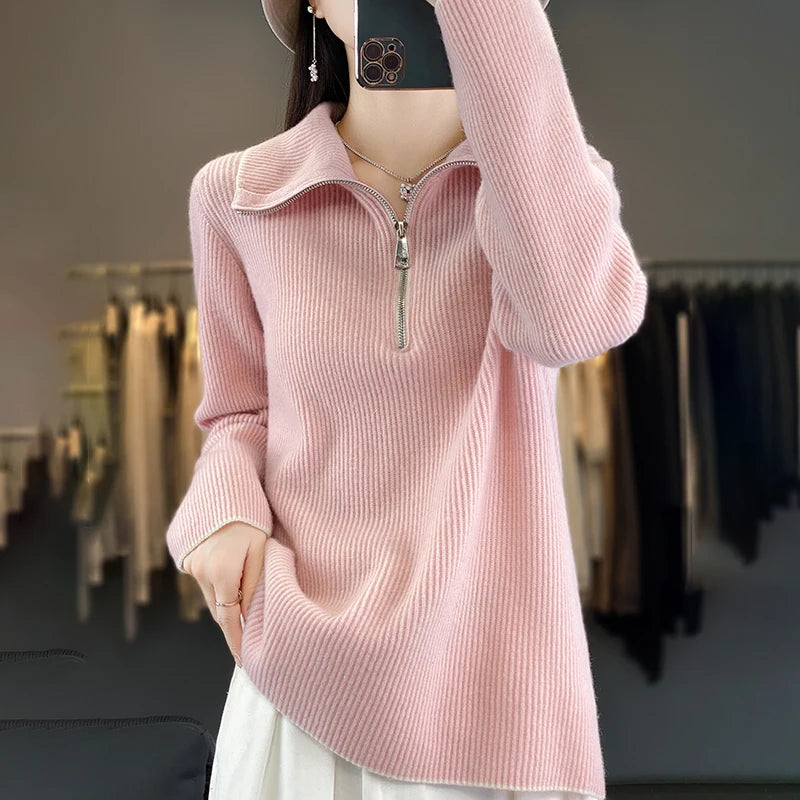 Warm Zipper Pullover – Casual Women’s Knit Top