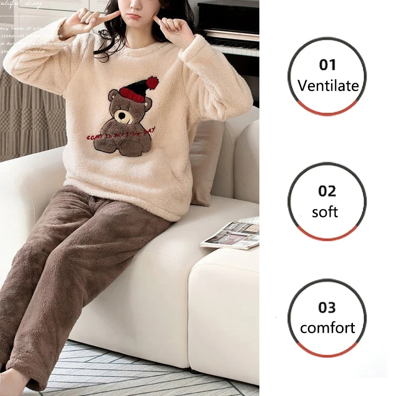 2pcs Women’s Warm Pajama Set – Coral Velvet Cartoon Bear