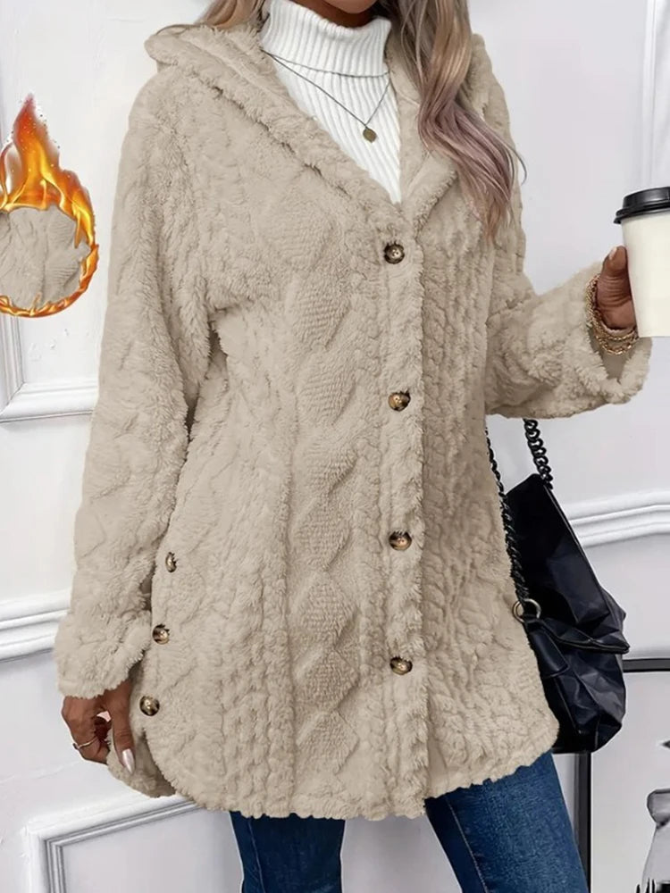 Women’s Plush Hooded Cardigan – Thick Warm Sweater